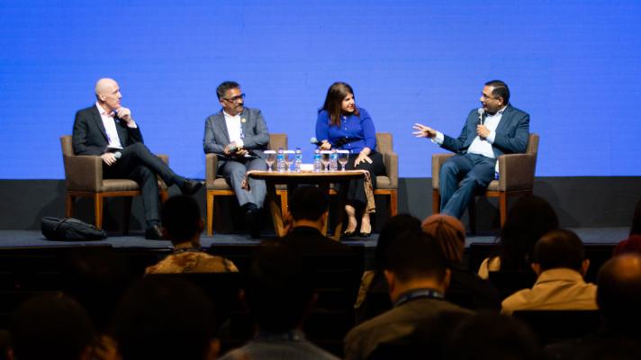 Andrew Pearce, VP Analytics and Global Advisory Lead, HIMSS; Veneeth Purushotaman, CIO, Aster DM Healthcare; Dr Tamara Sunbul, Medical Director of Clinical Informatics, Johns Hopkins Aramco Healthcare; and Arvind Sivaramakrishnan, CIO, Karkinos Healthcare